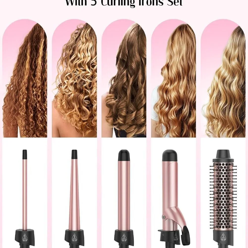 5 in 1 Curling Iron Set, Fast Heat Up Curling Wand from 3/8 to 1 1/4 Inch and a